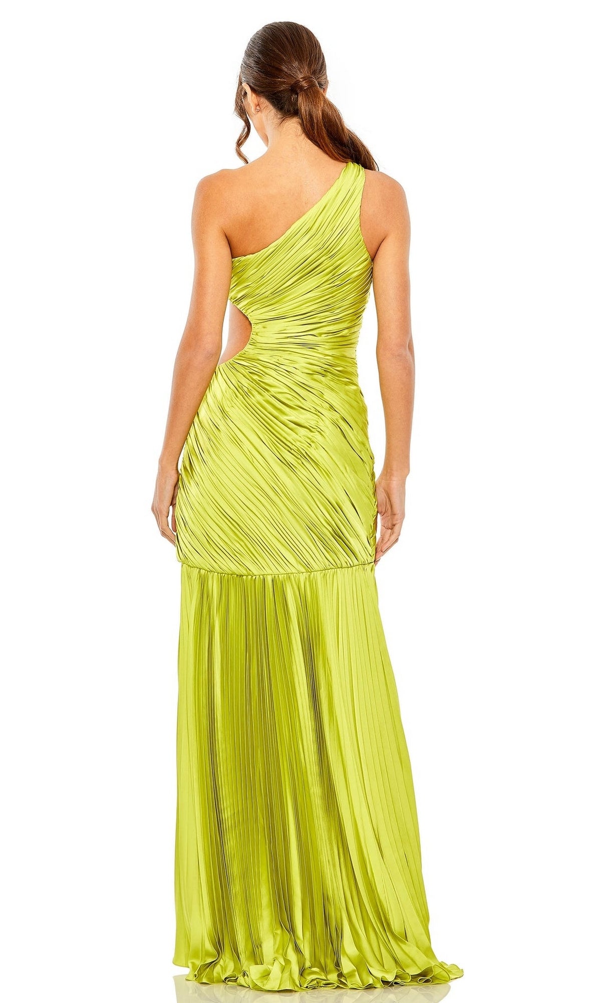 A woman with brown hair in a ponytail models the Long Formal Dress 49683 by Mac Duggal—a bright yellow, ruched, fitted, one-shoulder gown with a floor-length skirt and side cutout—styled elegantly from the back.